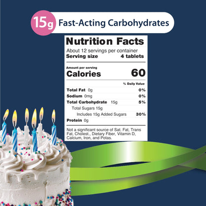 TRUEplus Glucose Tablets, Chewable, Birthday Cake Flavor, 15g Fast-Acting Carbohydrates, Dye Free, Gluten Free, No Fat, Boost Energy, 50 Count - dailyvitalstore
