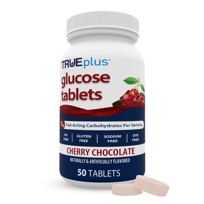 TRUEplus Glucose Tablets, Chewable, Cherry Chocolate Flavor, 15g Fast-Acting Carbohydrates, Dye Free, Gluten Free, No Fat, Boost Energy, 50 Count - dailyvitalstore