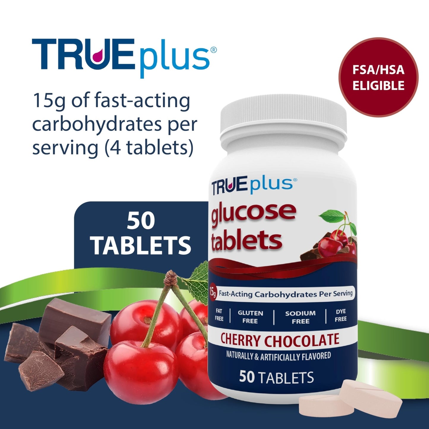 TRUEplus Glucose Tablets, Chewable, Cherry Chocolate Flavor, 15g Fast-Acting Carbohydrates, Dye Free, Gluten Free, No Fat, Boost Energy, 50 Count - dailyvitalstore