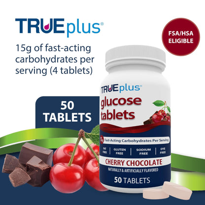 TRUEplus Glucose Tablets, Chewable, Cherry Chocolate Flavor, 15g Fast-Acting Carbohydrates, Dye Free, Gluten Free, No Fat, Boost Energy, 50 Count - dailyvitalstore