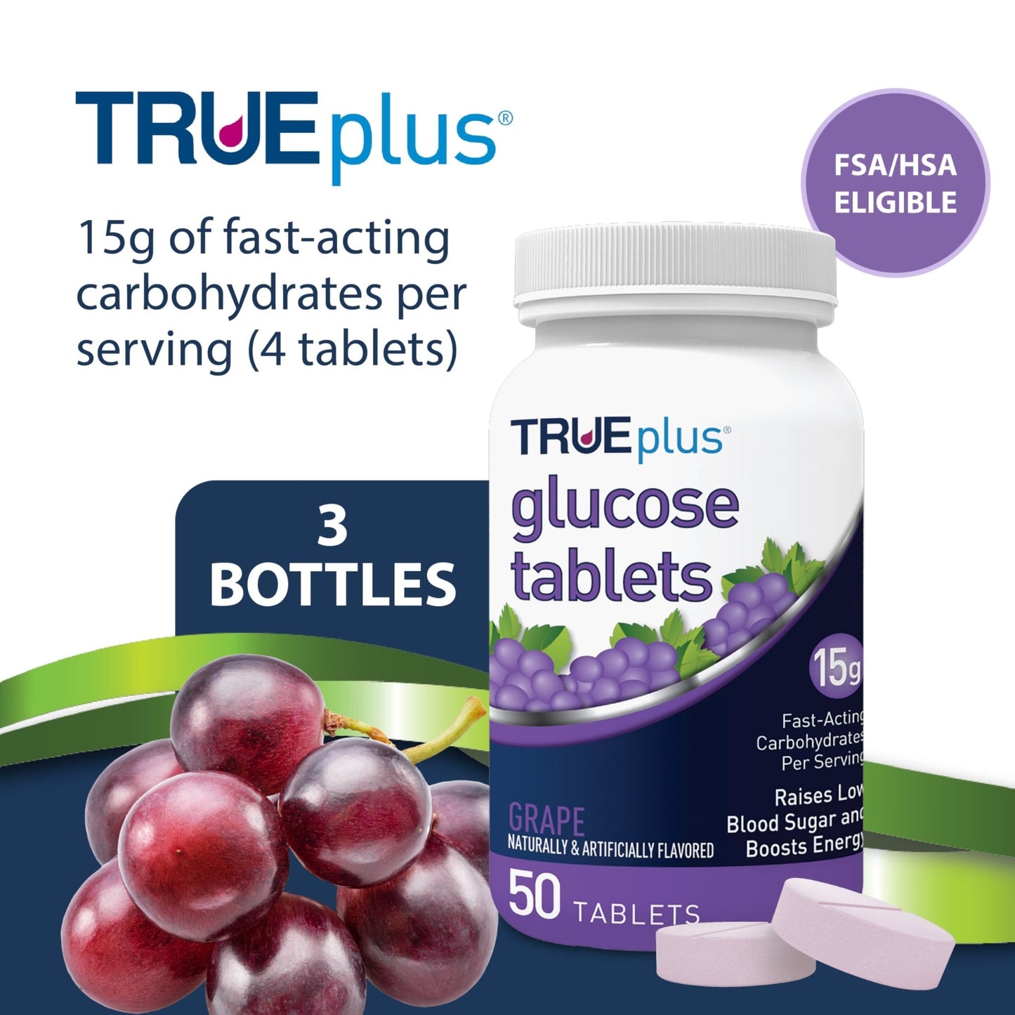 TRUEplus Glucose Tablets, Chewable, Grape Flavor, 15g Fast-Acting Carbohydrates, Fat Free, Gluten Free, Boost Energy, 50 Count, 3 Bottles - dailyvitalstore