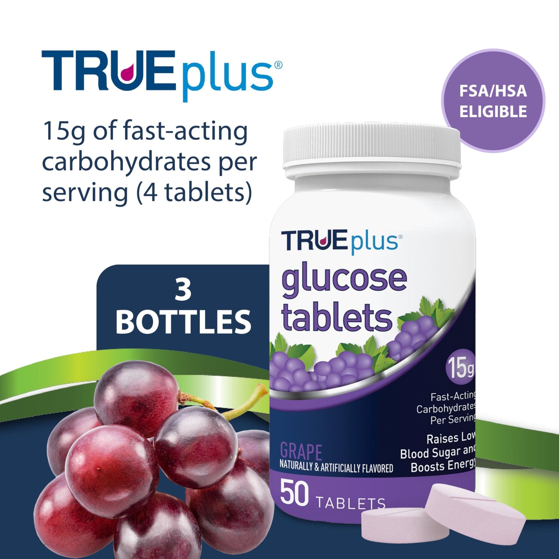 TRUEplus Glucose Tablets, Chewable, Grape Flavor, 15g Fast-Acting Carbohydrates, Fat Free, Gluten Free, Boost Energy, 50 Count, 3 Bottles - dailyvitalstore
