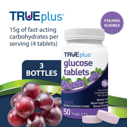 TRUEplus Glucose Tablets, Chewable, Grape Flavor, 15g Fast-Acting Carbohydrates, Fat Free, Gluten Free, Boost Energy, 50 Count, 3 Bottles - dailyvitalstore