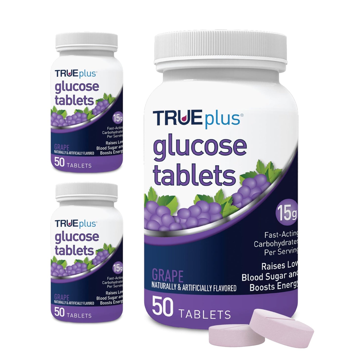 TRUEplus Glucose Tablets, Chewable, Grape Flavor, 15g Fast-Acting Carbohydrates, Fat Free, Gluten Free, Boost Energy, 50 Count, 3 Bottles - dailyvitalstore