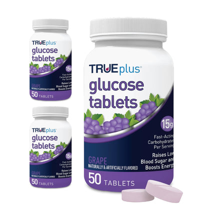 TRUEplus Glucose Tablets, Chewable, Grape Flavor, 15g Fast-Acting Carbohydrates, Fat Free, Gluten Free, Boost Energy, 50 Count, 3 Bottles - dailyvitalstore