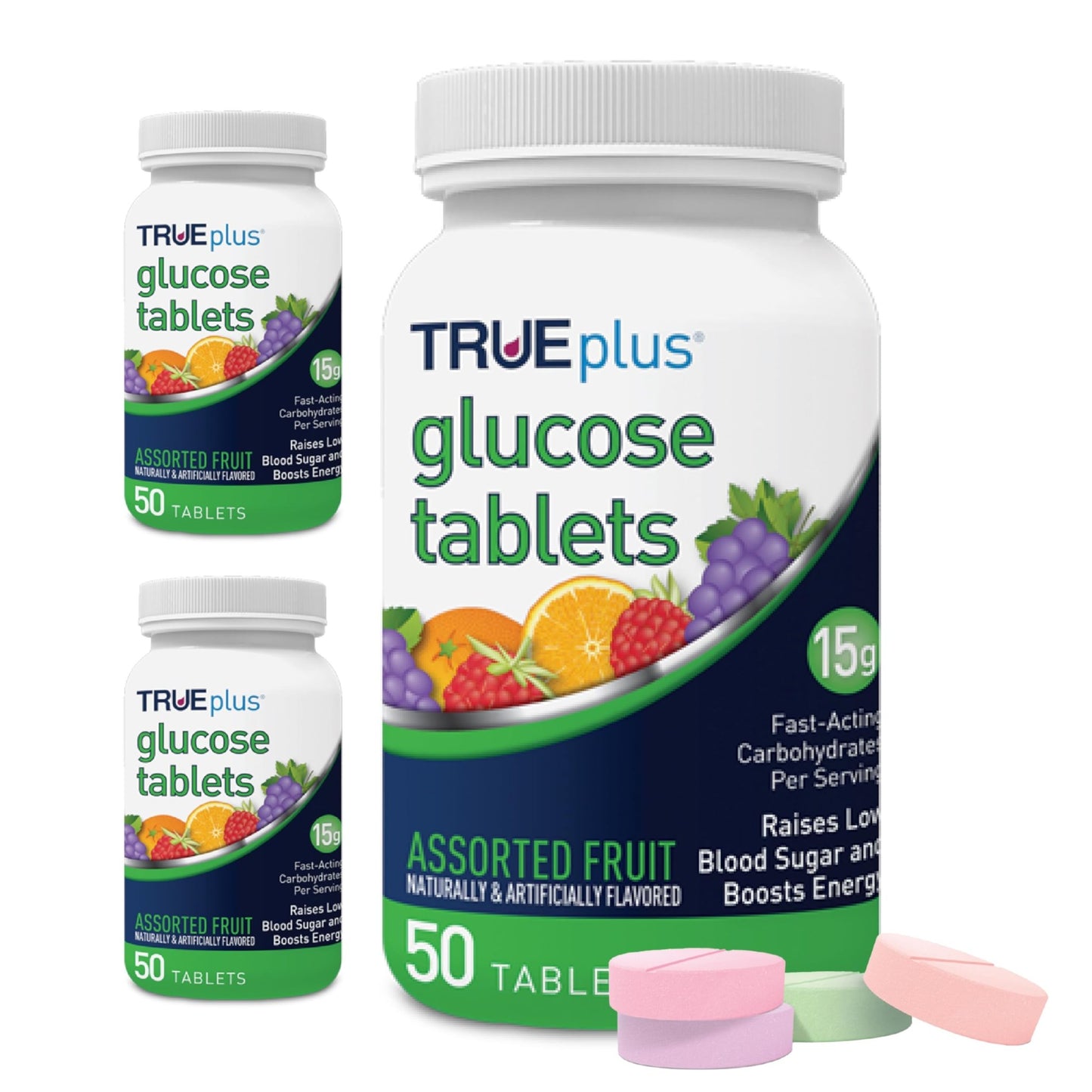 TRUEplus Glucose Tablets, Chewable, Grape, Raspberry, Orange Flavors, 15g Fast-Acting Carbohydrates, Fat Free, Gluten Free, Boost Energy, 50 Count - dailyvitalstore