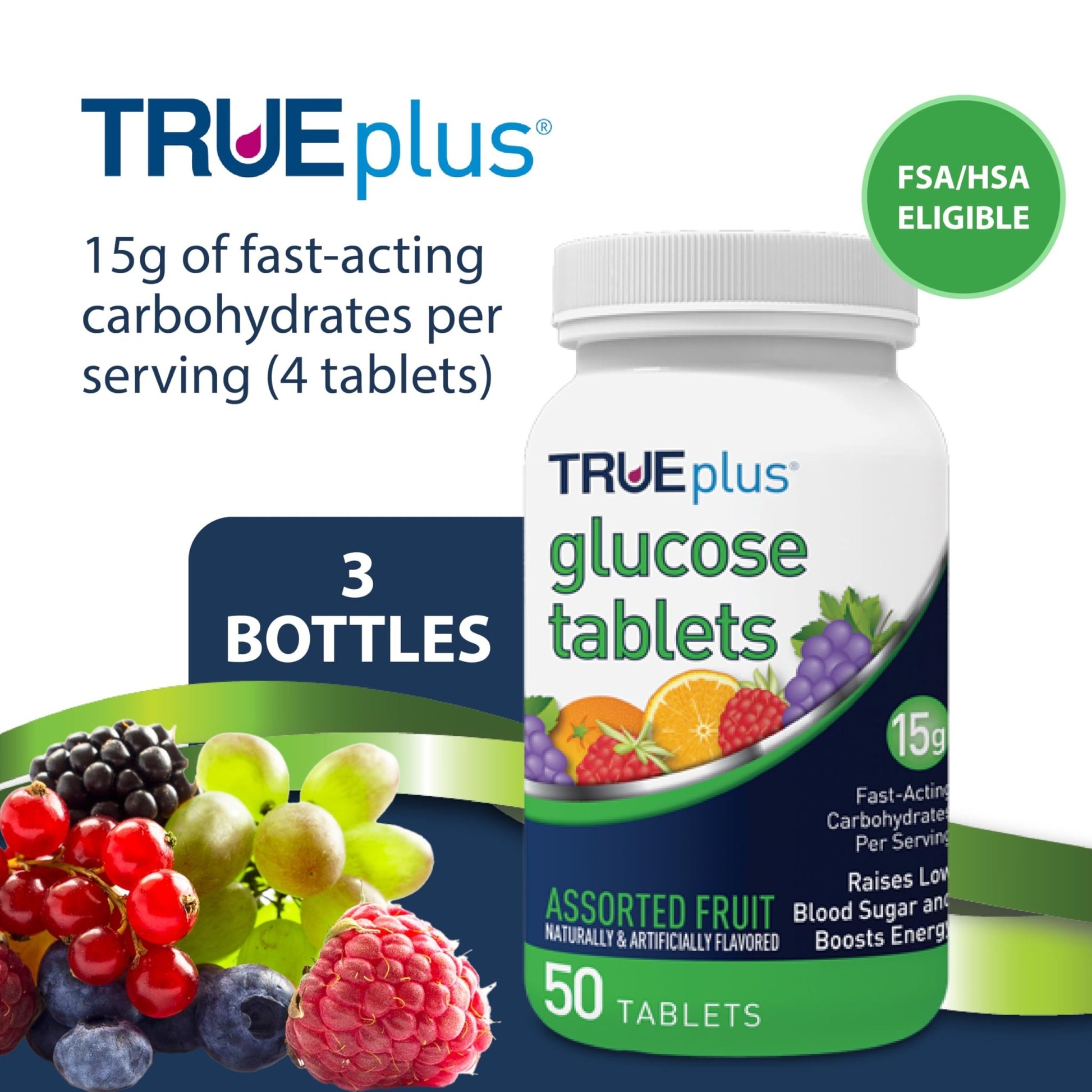 TRUEplus Glucose Tablets, Chewable, Grape, Raspberry, Orange Flavors, 15g Fast-Acting Carbohydrates, Fat Free, Gluten Free, Boost Energy, 50 Count - dailyvitalstore