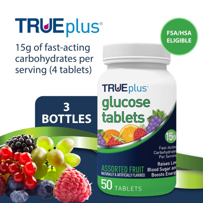 TRUEplus Glucose Tablets, Chewable, Grape, Raspberry, Orange Flavors, 15g Fast-Acting Carbohydrates, Fat Free, Gluten Free, Boost Energy, 50 Count - dailyvitalstore
