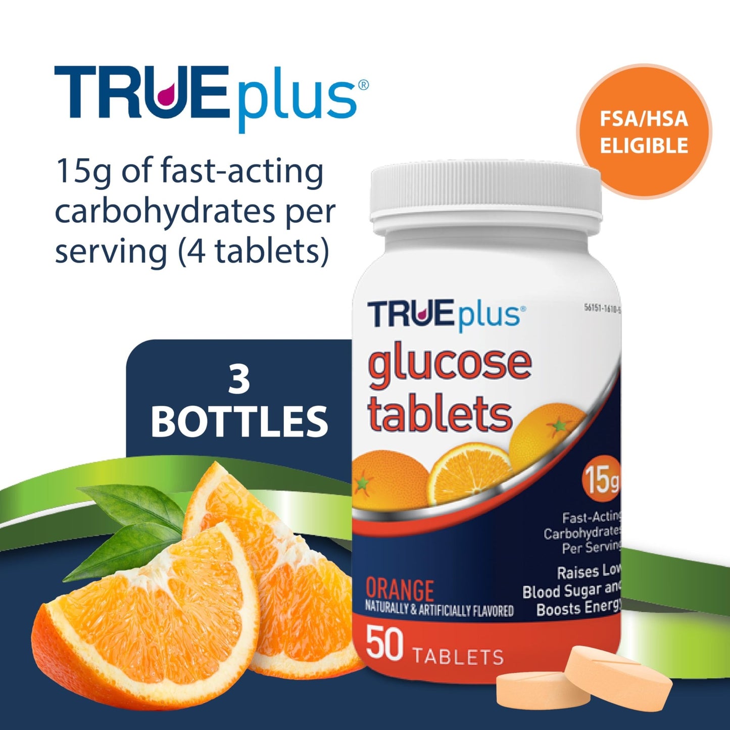 TRUEplus Glucose Tablets, Chewable, Orange Flavor, 15g Fast-Acting Carbohydrates, Fat Free, Gluten Free, Boost Energy, 50 Count, 3 Bottles - dailyvitalstore