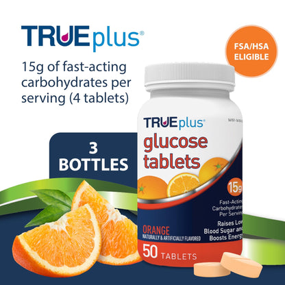 TRUEplus Glucose Tablets, Chewable, Orange Flavor, 15g Fast-Acting Carbohydrates, Fat Free, Gluten Free, Boost Energy, 50 Count, 3 Bottles - dailyvitalstore