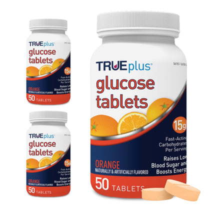 TRUEplus Glucose Tablets, Chewable, Orange Flavor, 15g Fast-Acting Carbohydrates, Fat Free, Gluten Free, Boost Energy, 50 Count, 3 Bottles - dailyvitalstore