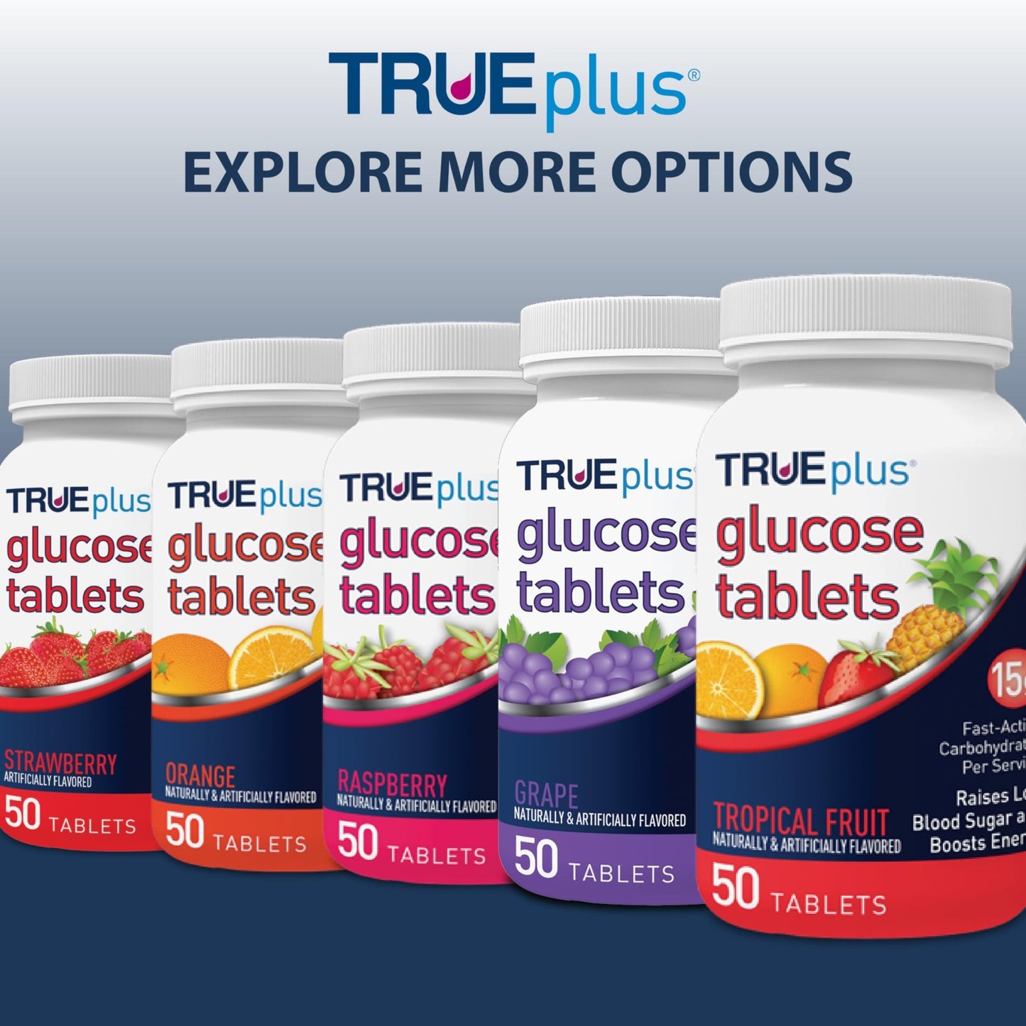 TRUEplus Glucose Tablets, Chewable, Raspberry Flavor, 15g Fast-Acting Carbohydrates, Fat Free, Gluten Free, Boost Energy, 50 Count, 3 Bottles - dailyvitalstore