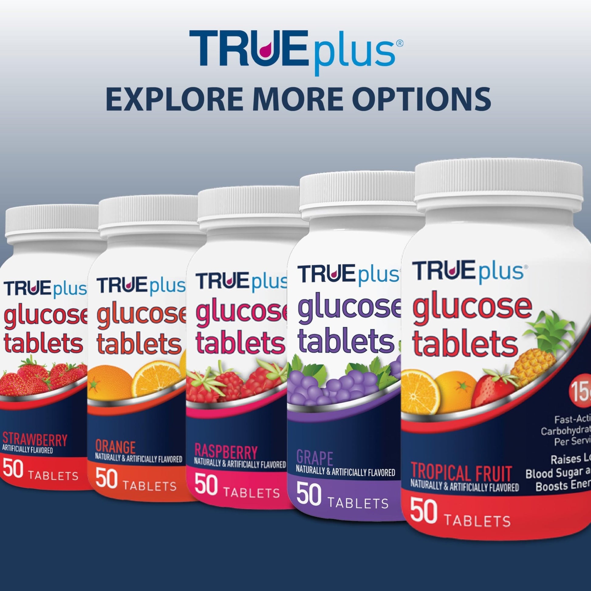 TRUEplus Glucose Tablets, Chewable, Raspberry Flavor, 15g Fast-Acting Carbohydrates, Fat Free, Gluten Free, Boost Energy, 50 Count, 3 Bottles - dailyvitalstore