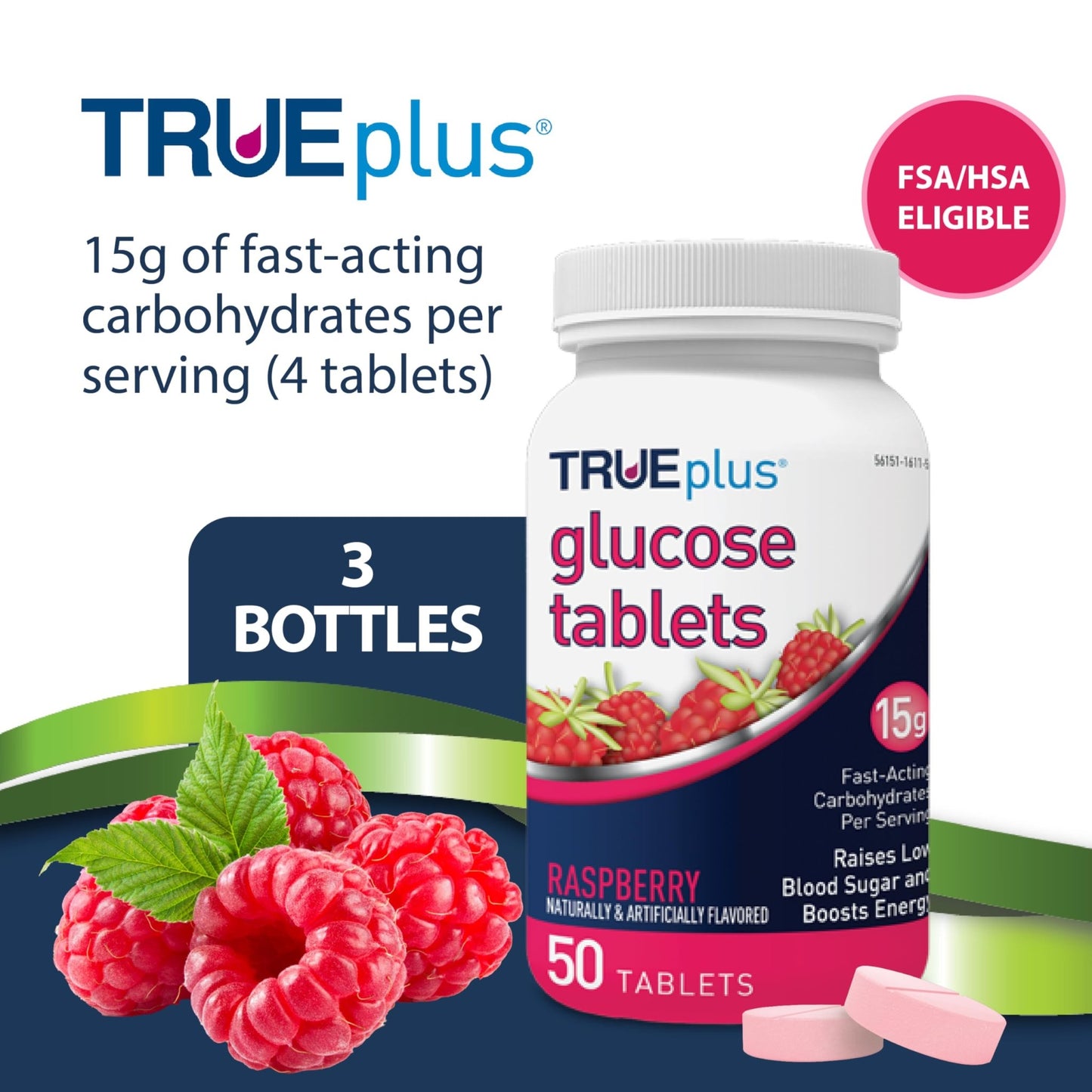 TRUEplus Glucose Tablets, Chewable, Raspberry Flavor, 15g Fast-Acting Carbohydrates, Fat Free, Gluten Free, Boost Energy, 50 Count, 3 Bottles - dailyvitalstore