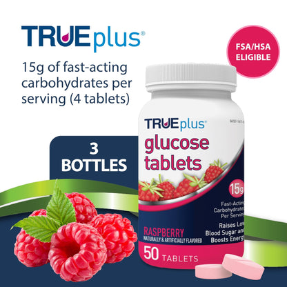 TRUEplus Glucose Tablets, Chewable, Raspberry Flavor, 15g Fast-Acting Carbohydrates, Fat Free, Gluten Free, Boost Energy, 50 Count, 3 Bottles - dailyvitalstore