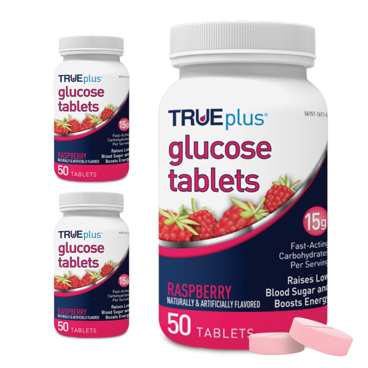 TRUEplus Glucose Tablets, Chewable, Raspberry Flavor, 15g Fast-Acting Carbohydrates, Fat Free, Gluten Free, Boost Energy, 50 Count, 3 Bottles - dailyvitalstore