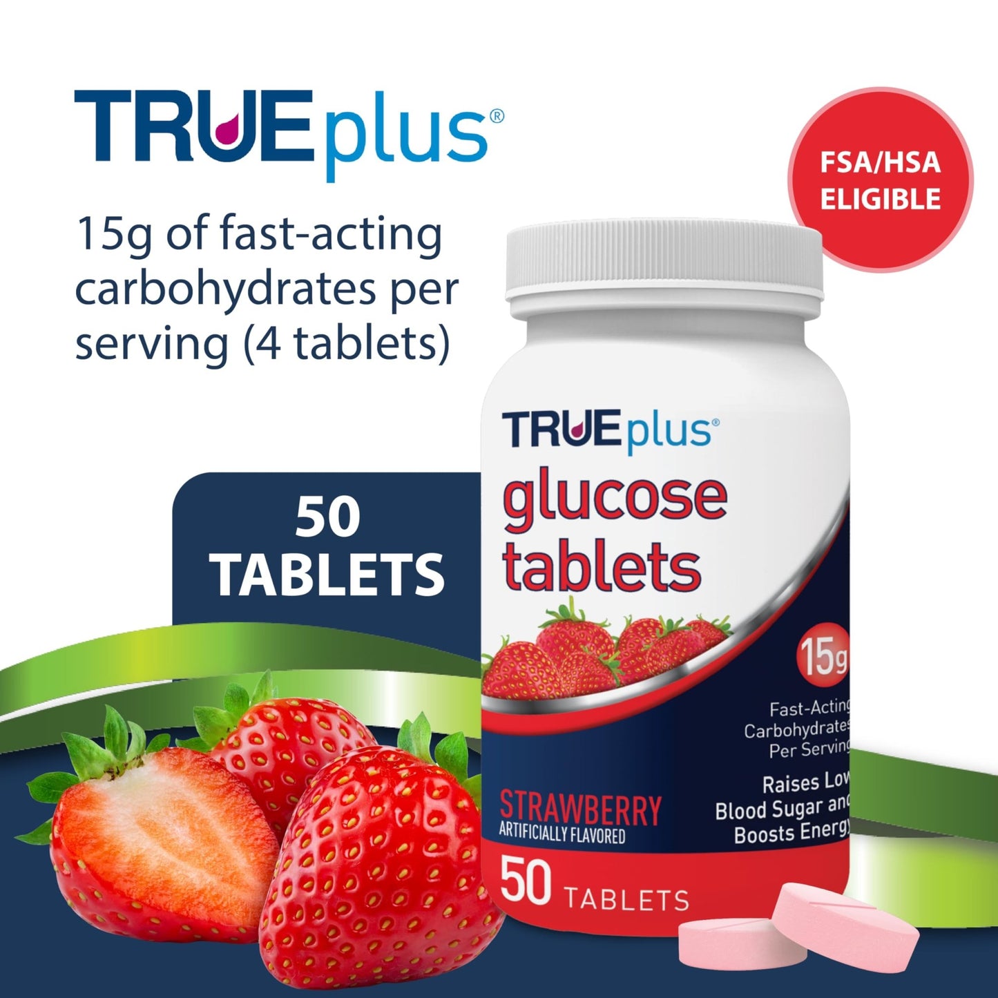 TRUEplus Glucose Tablets, Chewable, Strawberry Flavor, 15g Fast-Acting Carbohydrates, Fat Free, Gluten Free, Boost Energy, 50 Count (Pack of 2) - dailyvitalstore