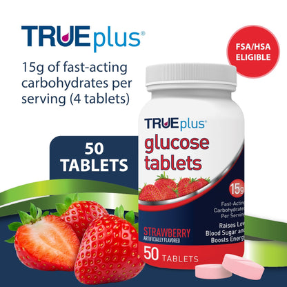 TRUEplus Glucose Tablets, Chewable, Strawberry Flavor, 15g Fast-Acting Carbohydrates, Fat Free, Gluten Free, Boost Energy, 50 Count (Pack of 2) - dailyvitalstore