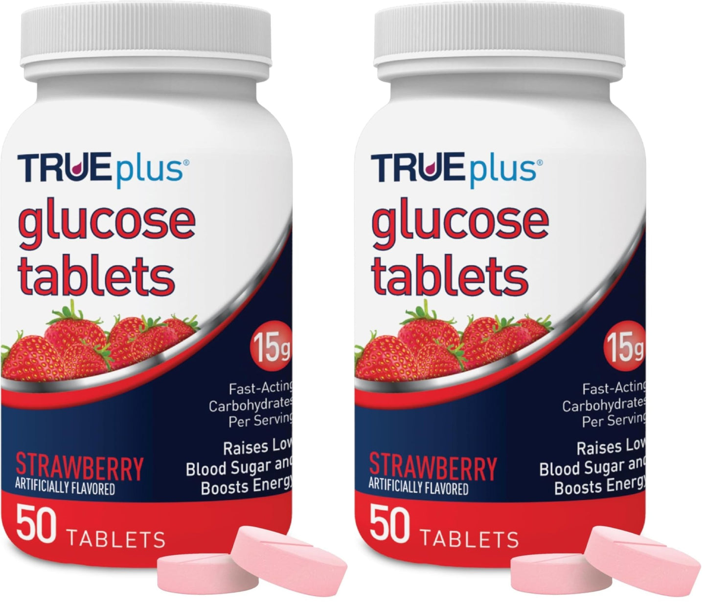 TRUEplus Glucose Tablets, Chewable, Strawberry Flavor, 15g Fast-Acting Carbohydrates, Fat Free, Gluten Free, Boost Energy, 50 Count (Pack of 2) - dailyvitalstore