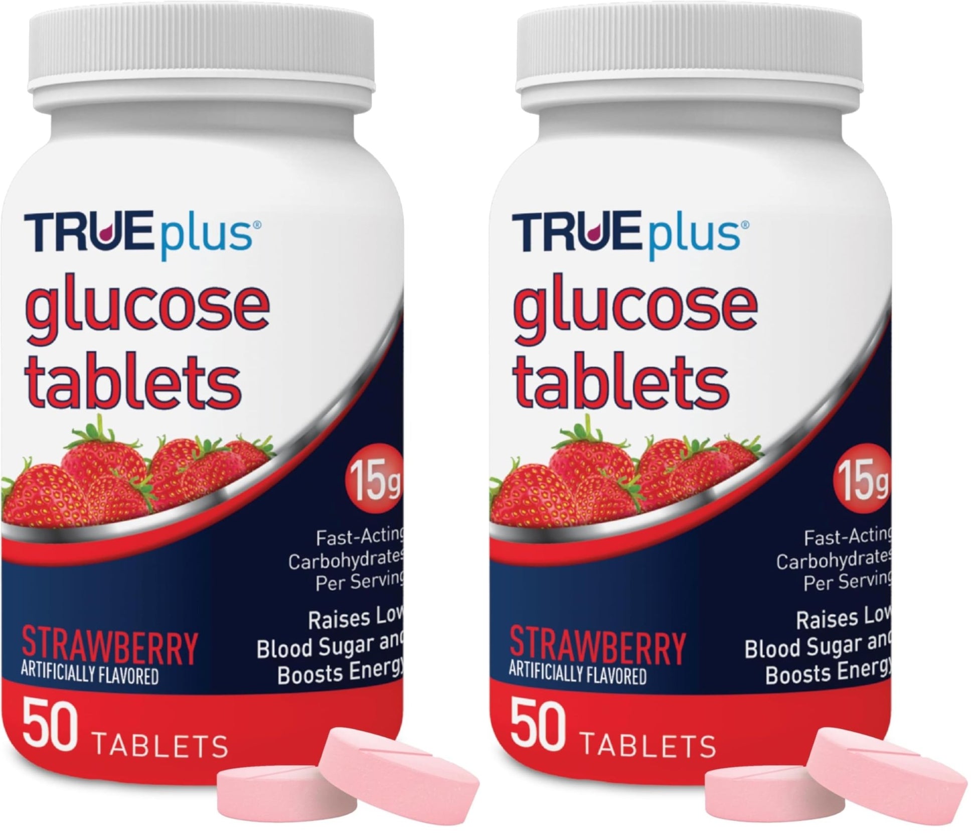 TRUEplus Glucose Tablets, Chewable, Strawberry Flavor, 15g Fast-Acting Carbohydrates, Fat Free, Gluten Free, Boost Energy, 50 Count (Pack of 2) - dailyvitalstore