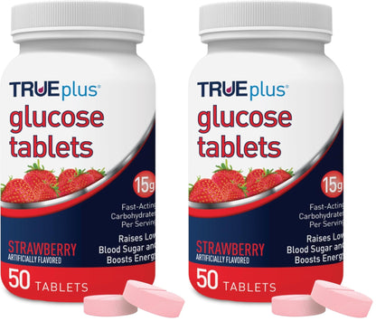 TRUEplus Glucose Tablets, Chewable, Strawberry Flavor, 15g Fast-Acting Carbohydrates, Fat Free, Gluten Free, Boost Energy, 50 Count (Pack of 2) - dailyvitalstore
