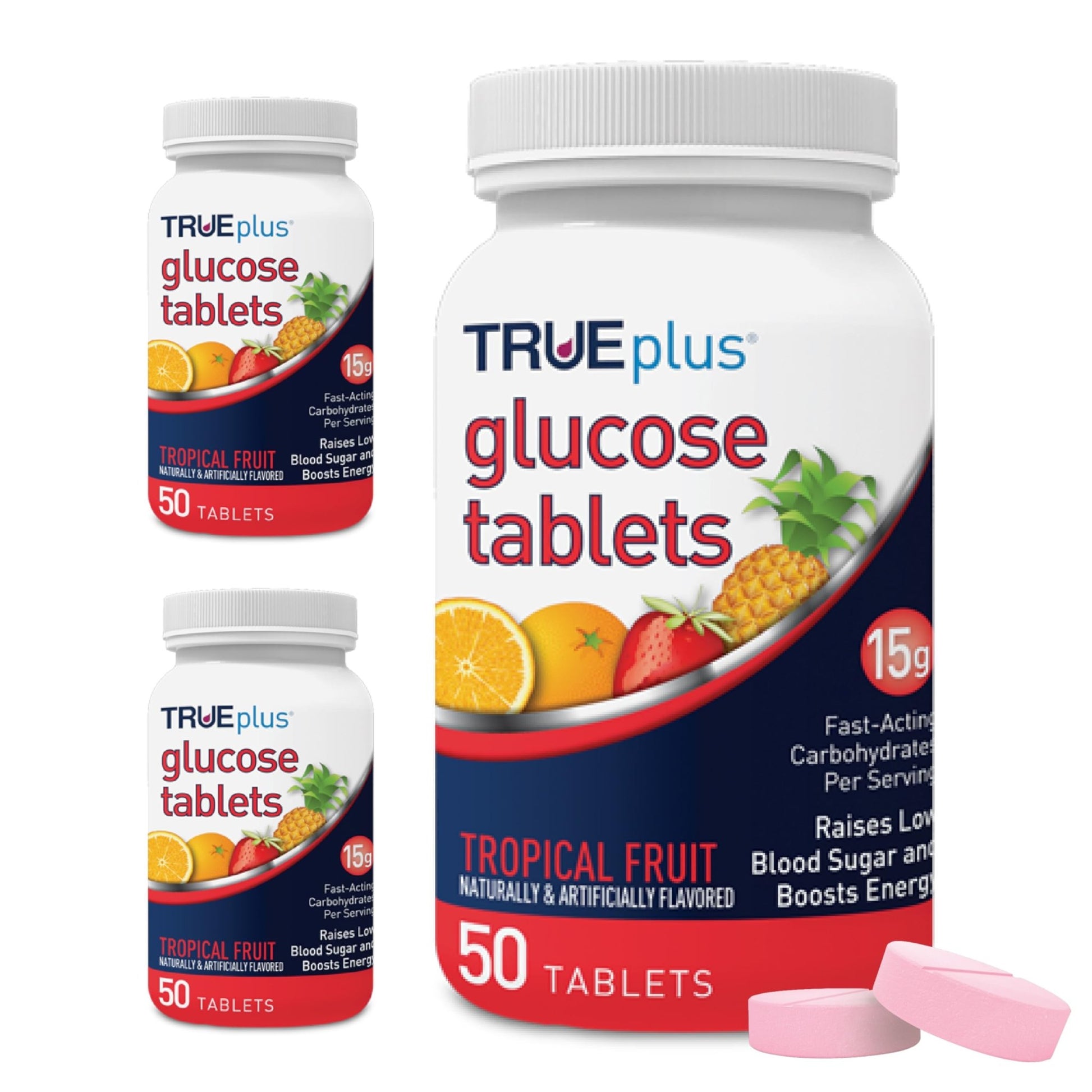 TRUEplus Glucose Tablets, Chewable, Tropical Fruit Flavor, 15g Fast-Acting Carbohydrates, Fat Free, Gluten Free, Boost Energy, 50 Count, 3 Bottles - dailyvitalstore