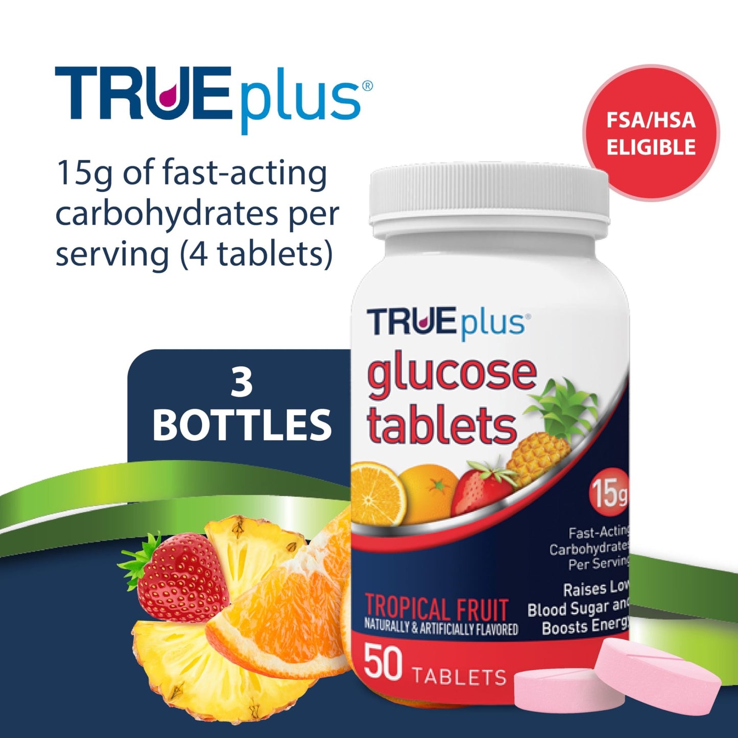 TRUEplus Glucose Tablets, Chewable, Tropical Fruit Flavor, 15g Fast-Acting Carbohydrates, Fat Free, Gluten Free, Boost Energy, 50 Count, 3 Bottles - dailyvitalstore