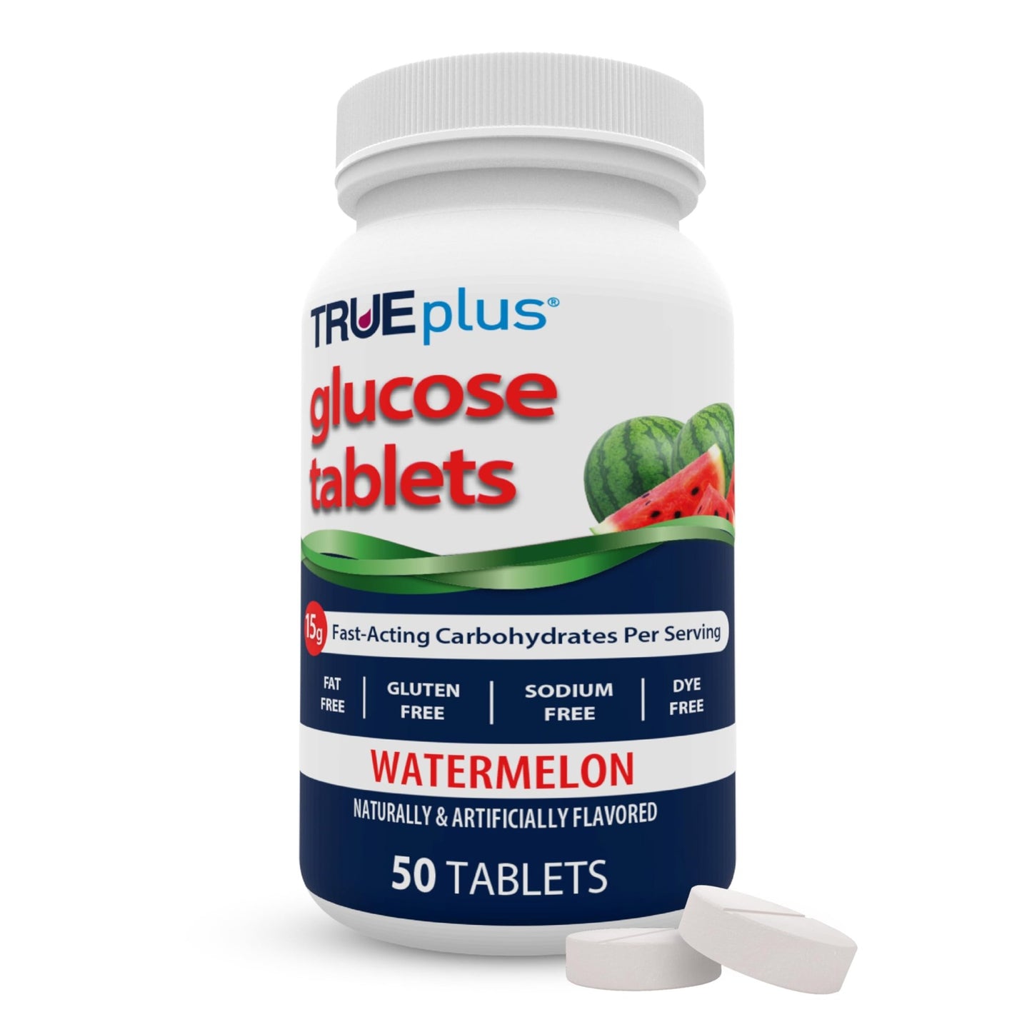 TRUEplus Glucose Tablets, Chewable, Watermelon Flavor, 15g Fast-Acting Carbohydrates, Dye Free, Gluten Free, No Fat, Boost Energy, 50 Count - dailyvitalstore