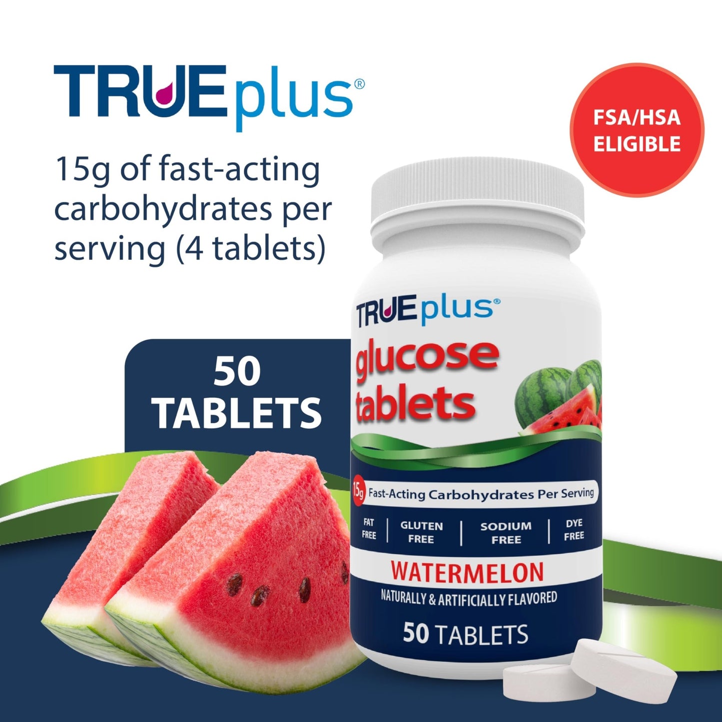 TRUEplus Glucose Tablets, Chewable, Watermelon Flavor, 15g Fast-Acting Carbohydrates, Dye Free, Gluten Free, No Fat, Boost Energy, 50 Count - dailyvitalstore