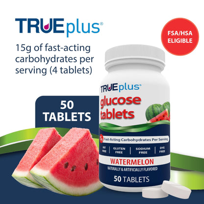 TRUEplus Glucose Tablets, Chewable, Watermelon Flavor, 15g Fast-Acting Carbohydrates, Dye Free, Gluten Free, No Fat, Boost Energy, 50 Count - dailyvitalstore