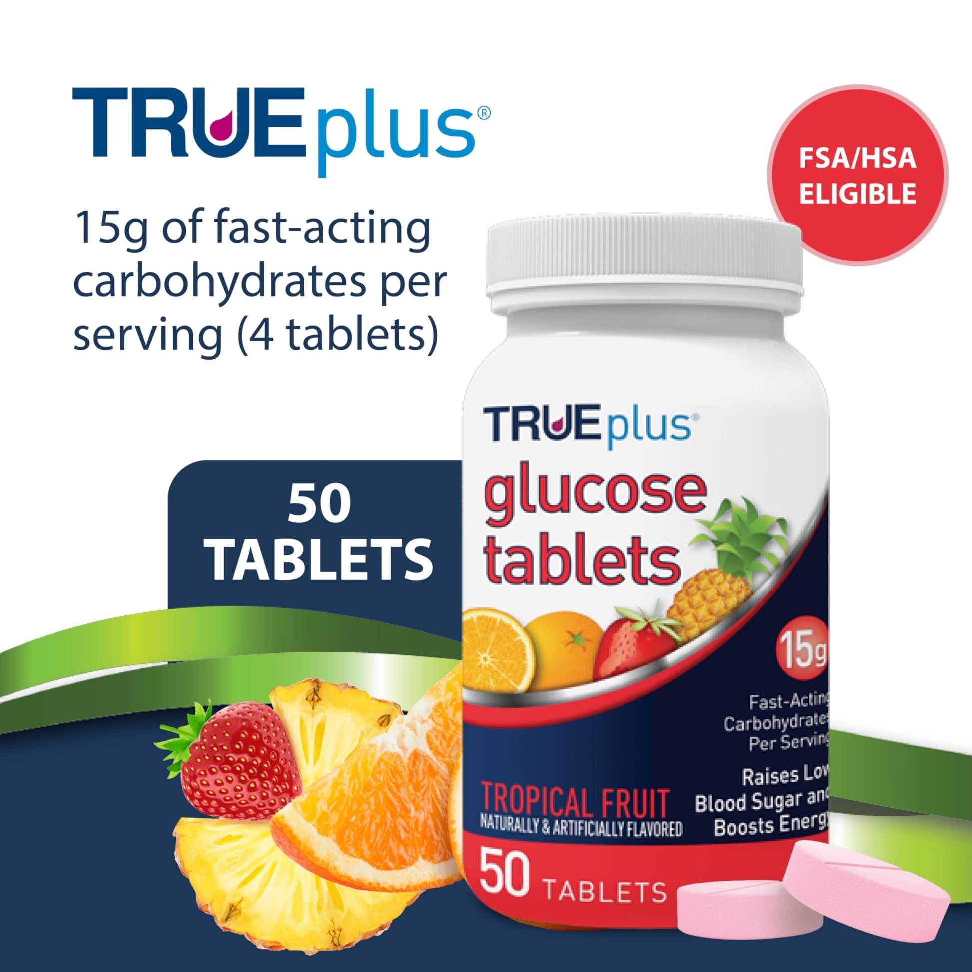 TRUEplus® Glucose Tablets, Tropical Fruit Flavor - 50ct Bottle (Pack of 2) - dailyvitalstore