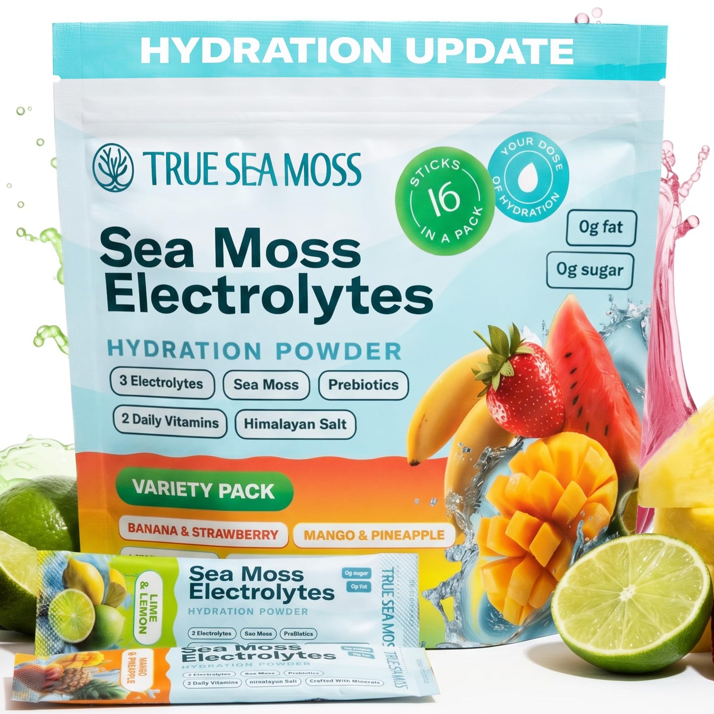 TrueSeaMoss Electrolytes Powder Packets – Made in USA – 16 Stickpacks – Hydration Powder with Sea Moss with Potassium – No Sugar Drinks – Variety Pack - dailyvitalstore