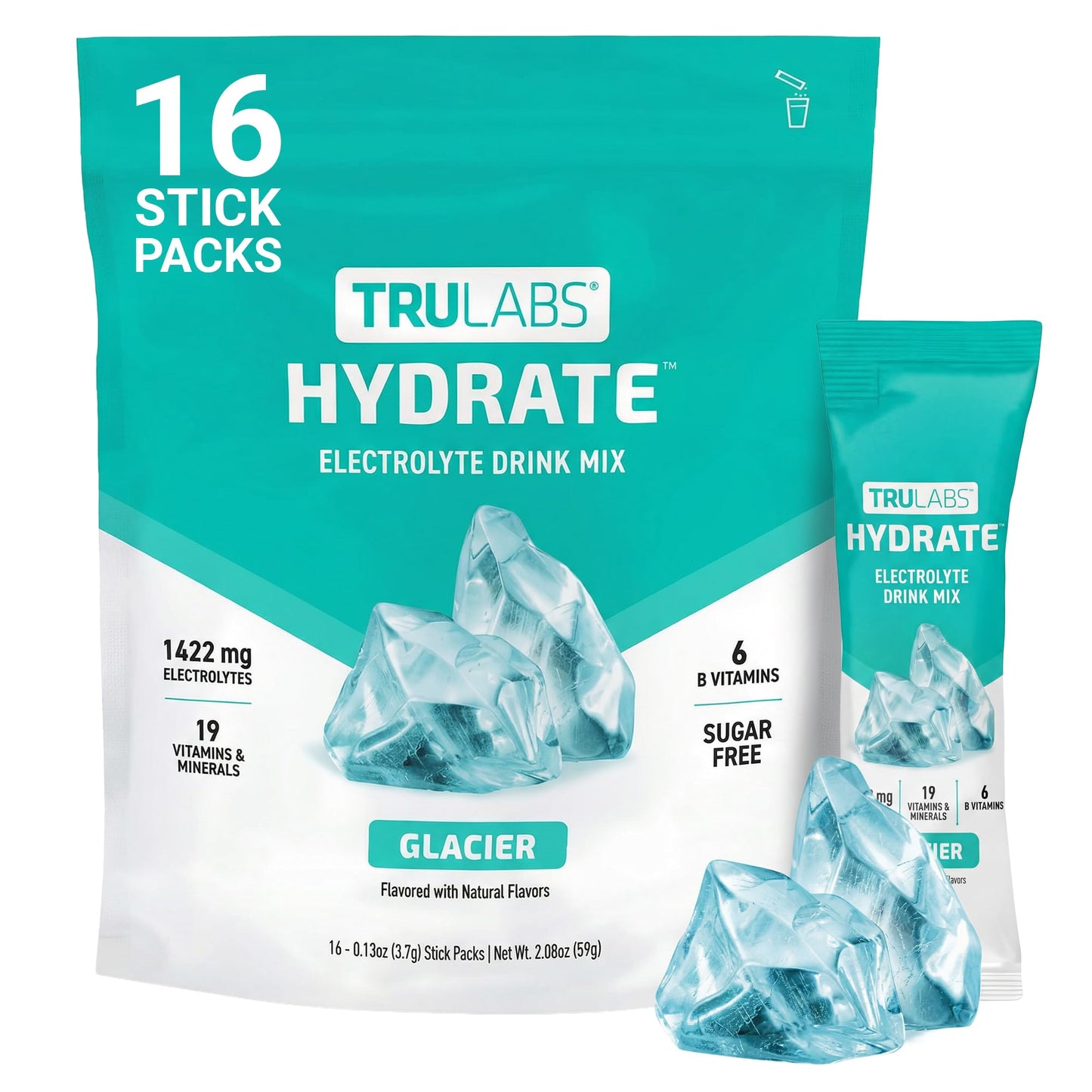 TRULABS Hydrate Electrolyte Drink Mix – Glacier Flavor, Sugar-Free Hydration Packets with 1422 mg Electrolytes & 19 Vitamins & Minerals, Monk Fruit Sweetened, On-the-Go Sticks (16 Count) - dailyvitalstore