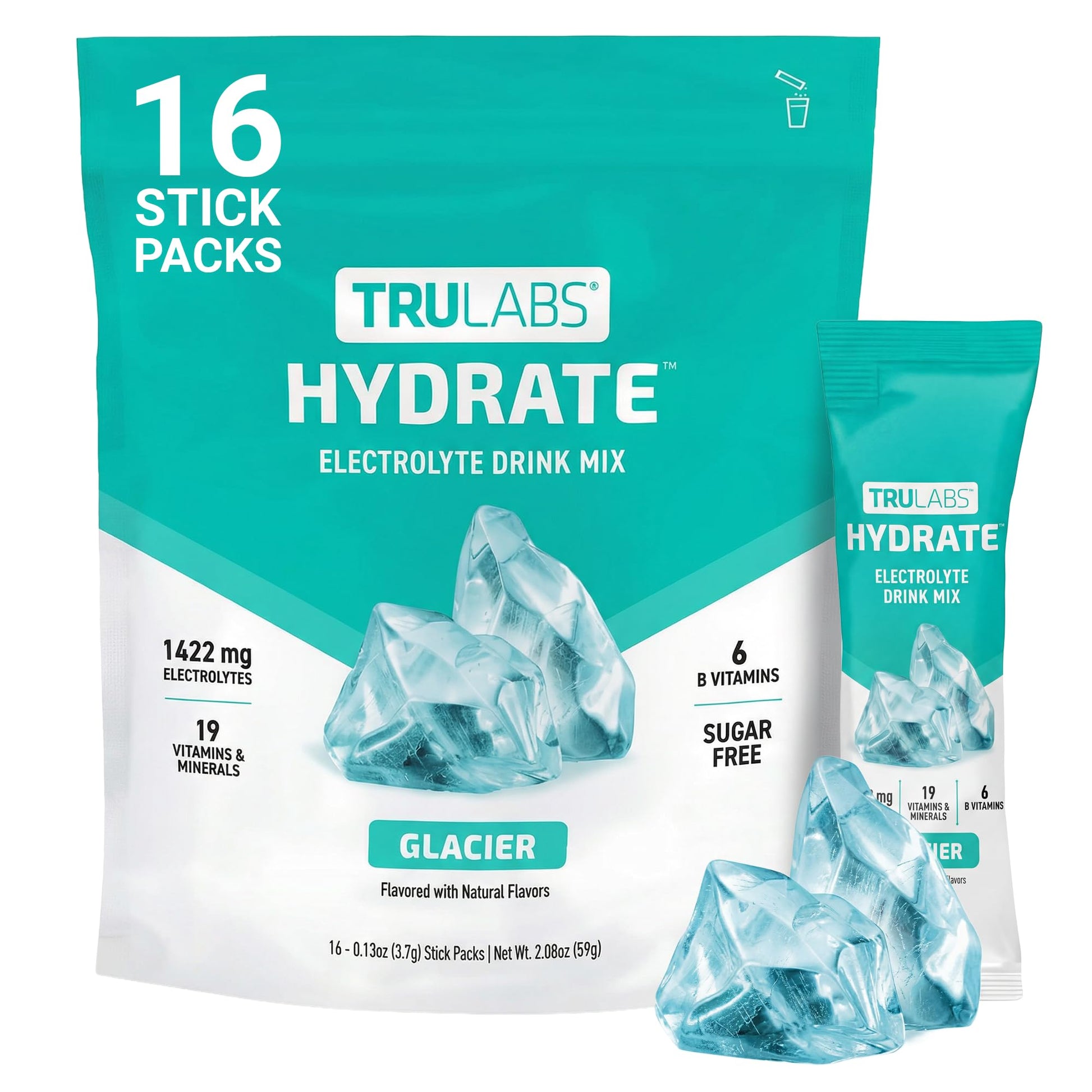TRULABS Hydrate Electrolyte Drink Mix – Glacier Flavor, Sugar-Free Hydration Packets with 1422 mg Electrolytes & 19 Vitamins & Minerals, Monk Fruit Sweetened, On-the-Go Sticks (16 Count) - dailyvitalstore