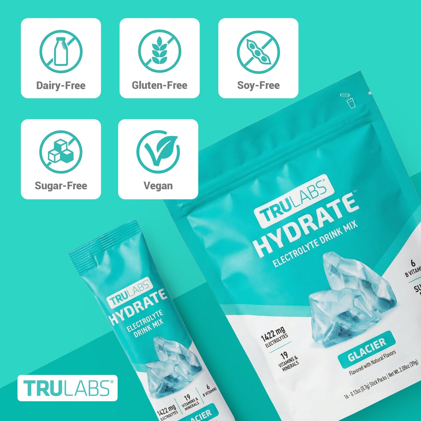 TRULABS Hydrate Electrolyte Drink Mix – Glacier Flavor, Sugar-Free Hydration Packets with 1422 mg Electrolytes & 19 Vitamins & Minerals, Monk Fruit Sweetened, On-the-Go Sticks (16 Count) - dailyvitalstore
