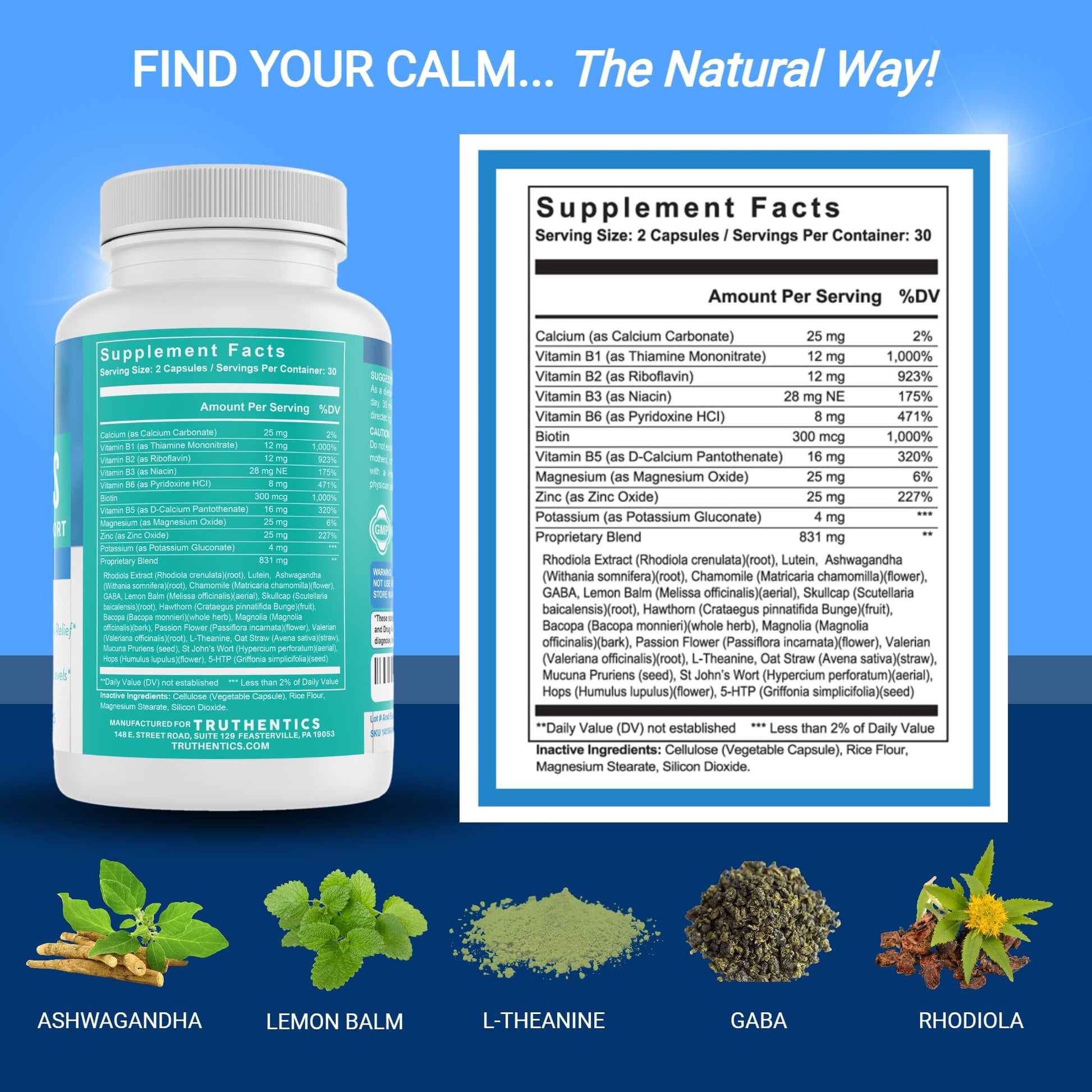 TRUTHENTICS Bye-Bye Stress - Stress & Mood Support Supplement for Women with Ashwagandha, GABA, Lemon Balm, L-Theanin & Vitamin B Complex - Vegan - 60 Capsules - dailyvitalstore