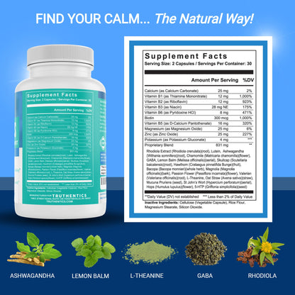 TRUTHENTICS Bye-Bye Stress - Stress & Mood Support Supplement for Women with Ashwagandha, GABA, Lemon Balm, L-Theanin & Vitamin B Complex - Vegan - 60 Capsules - dailyvitalstore