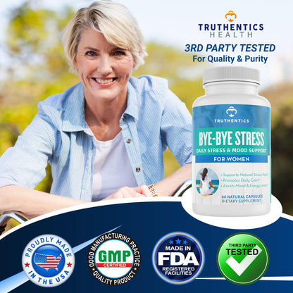 TRUTHENTICS Bye-Bye Stress - Stress & Mood Support Supplement for Women with Ashwagandha, GABA, Lemon Balm, L-Theanin & Vitamin B Complex - Vegan - 60 Capsules - dailyvitalstore