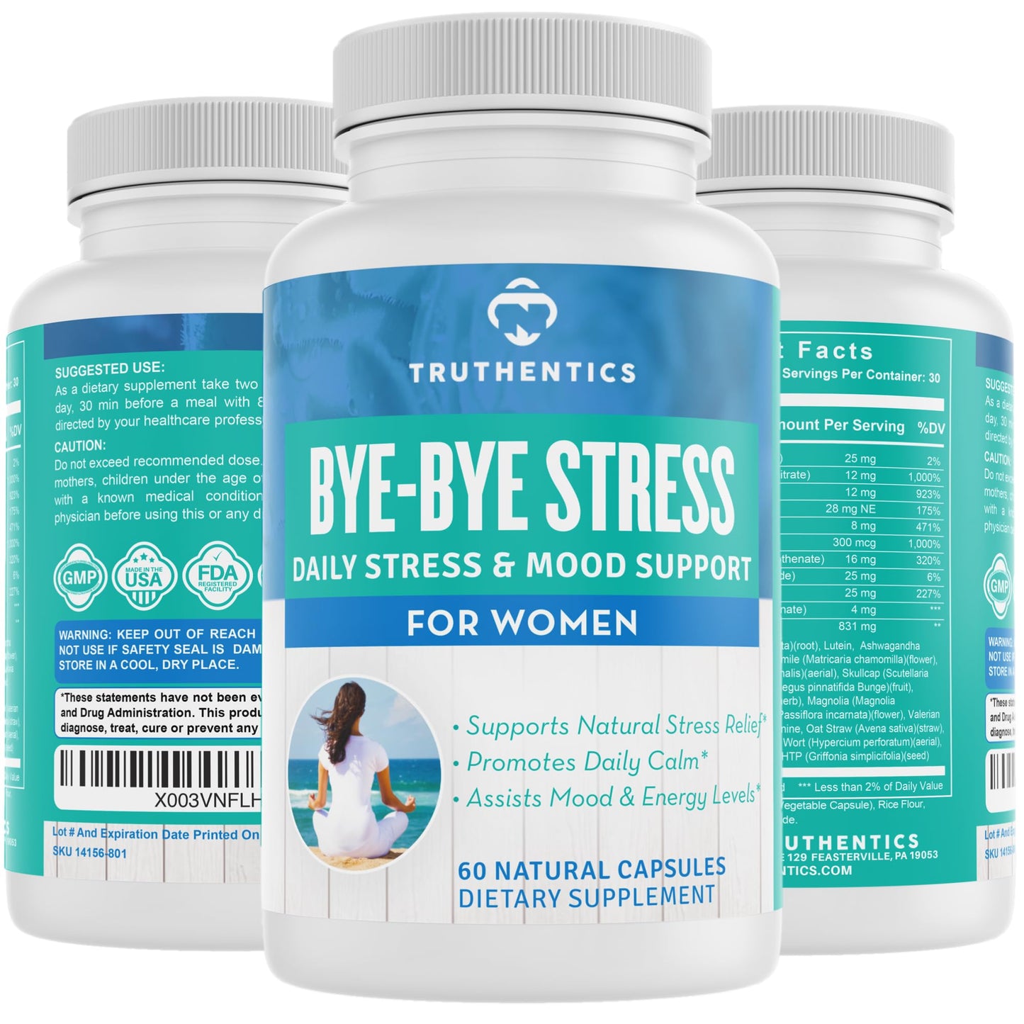 TRUTHENTICS Bye-Bye Stress - Stress & Mood Support Supplement for Women with Ashwagandha, GABA, Lemon Balm, L-Theanin & Vitamin B Complex - Vegan - 60 Capsules - dailyvitalstore
