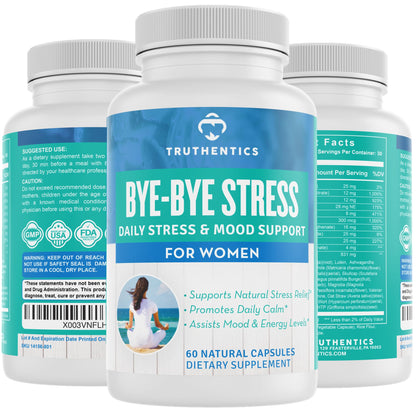 TRUTHENTICS Bye-Bye Stress - Stress & Mood Support Supplement for Women with Ashwagandha, GABA, Lemon Balm, L-Theanin & Vitamin B Complex - Vegan - 60 Capsules - dailyvitalstore