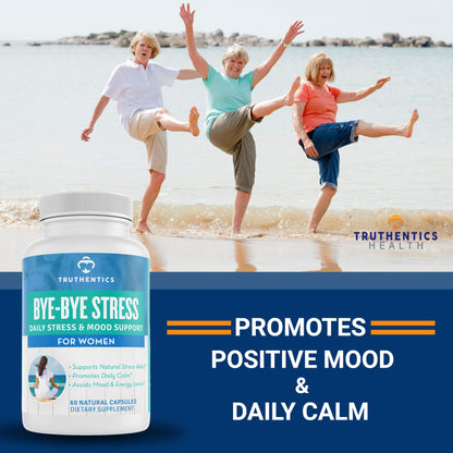 TRUTHENTICS Bye-Bye Stress - Stress & Mood Support Supplement for Women with Ashwagandha, GABA, Lemon Balm, L-Theanin & Vitamin B Complex - Vegan - 60 Capsules - dailyvitalstore