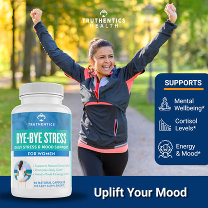 TRUTHENTICS Bye-Bye Stress - Stress & Mood Support Supplement for Women with Ashwagandha, GABA, Lemon Balm, L-Theanin & Vitamin B Complex - Vegan - 60 Capsules - dailyvitalstore