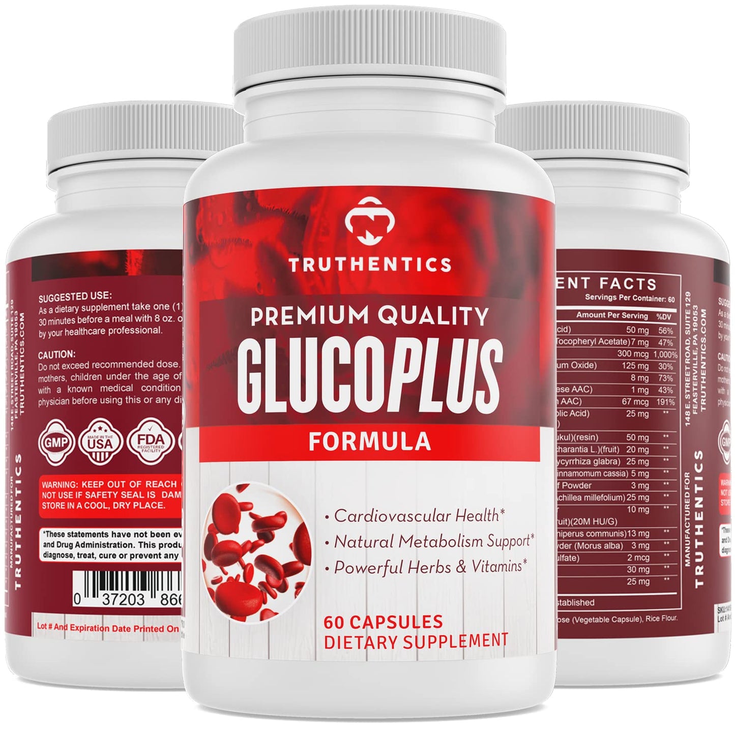 TRUTHENTICS GlucoPlus - 20 Herbs, Vitamins & Minerals with Cinnamon, Chromium, Vanadium, Bitter Melon, Alpha Lipoic Acid, Magnesium - Gluten Free, Non-GMO - 60 Capsules - dailyvitalstore