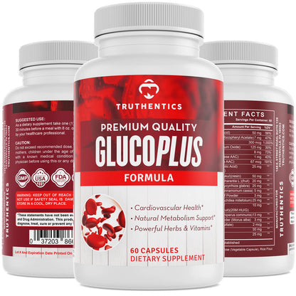 TRUTHENTICS GlucoPlus - 20 Herbs, Vitamins & Minerals with Cinnamon, Chromium, Vanadium, Bitter Melon, Alpha Lipoic Acid, Magnesium - Gluten Free, Non-GMO - 60 Capsules - dailyvitalstore