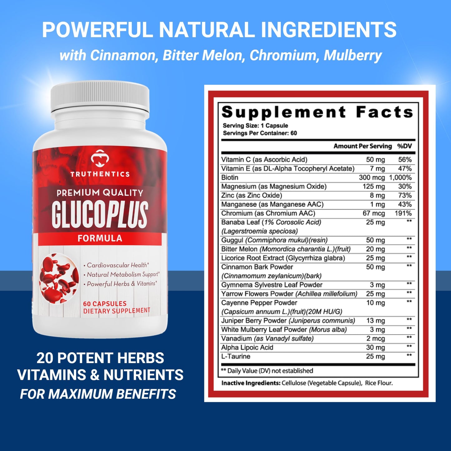 TRUTHENTICS GlucoPlus - 20 Herbs, Vitamins & Minerals with Cinnamon, Chromium, Vanadium, Bitter Melon, Alpha Lipoic Acid, Magnesium - Gluten Free, Non-GMO - 60 Capsules - dailyvitalstore