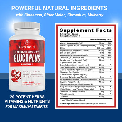 TRUTHENTICS GlucoPlus - 20 Herbs, Vitamins & Minerals with Cinnamon, Chromium, Vanadium, Bitter Melon, Alpha Lipoic Acid, Magnesium - Gluten Free, Non-GMO - 60 Capsules - dailyvitalstore