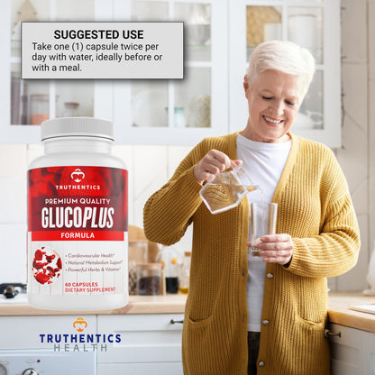 TRUTHENTICS GlucoPlus - 20 Herbs, Vitamins & Minerals with Cinnamon, Chromium, Vanadium, Bitter Melon, Alpha Lipoic Acid, Magnesium - Gluten Free, Non-GMO - 60 Capsules - dailyvitalstore