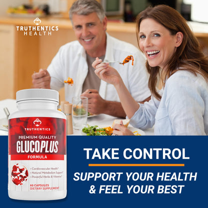 TRUTHENTICS GlucoPlus - 20 Herbs, Vitamins & Minerals with Cinnamon, Chromium, Vanadium, Bitter Melon, Alpha Lipoic Acid, Magnesium - Gluten Free, Non-GMO - 60 Capsules - dailyvitalstore