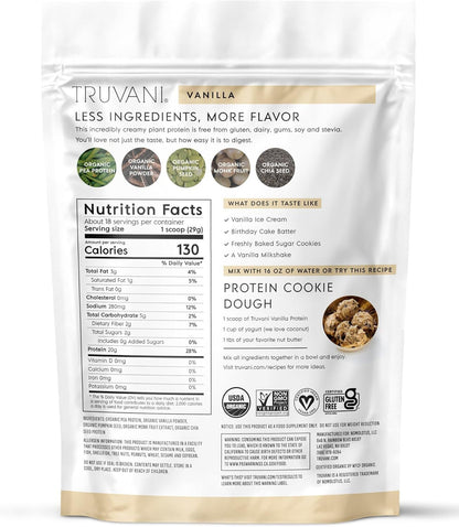 Truvani Organic Plant Based Protein Powder | Vanilla | 20g Pea Protein | 18 Servings | Vegan & Keto | Gluten & Dairy Free | Low Carb | No Added Sugar - dailyvitalstore