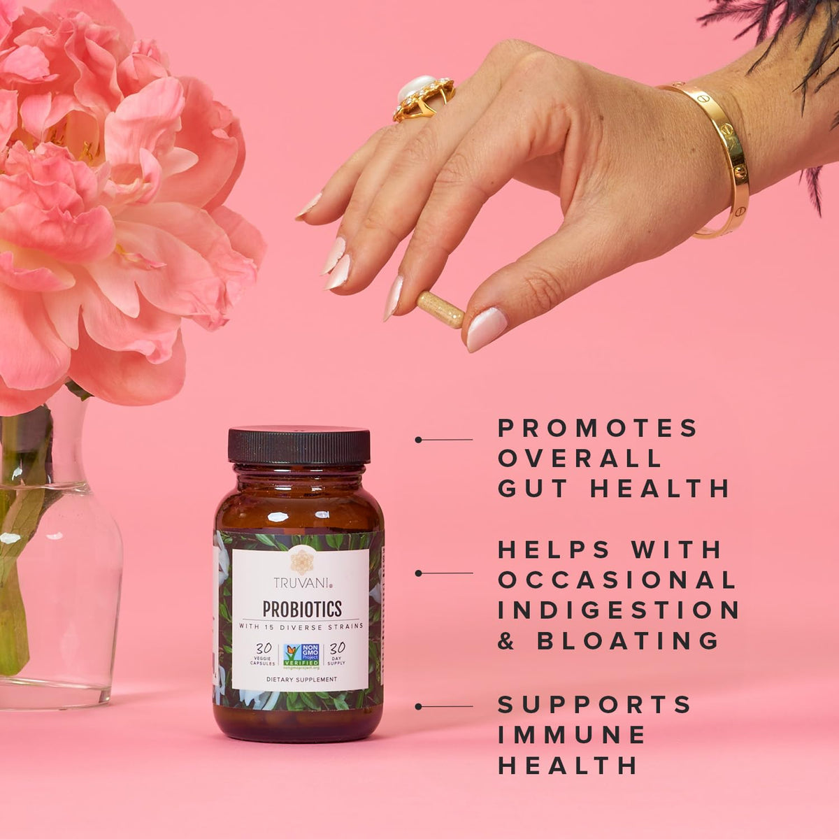 Truvani Probiotic Supplement | 30 Servings | 15 Billion CFU | 15 Diverse Strains for Digestive, Immune & Brain Health Support | Shelf-Stable Vegan Capsules | Non-GMO, No Fillers - dailyvitalstore